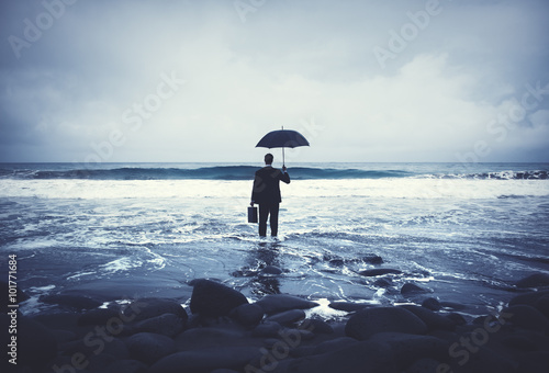 Lonely Businessman Alone Anxiety Beach Concept