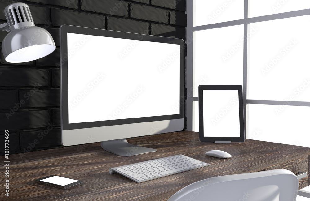 Fototapeta premium 3D illustration PC screen on table in office, Workspace