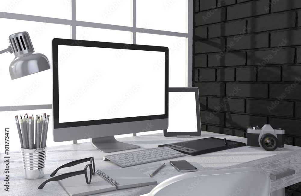 3D illustration PC screen on table in office, Workspace 3D illustration PC screen on table in office, Workspace