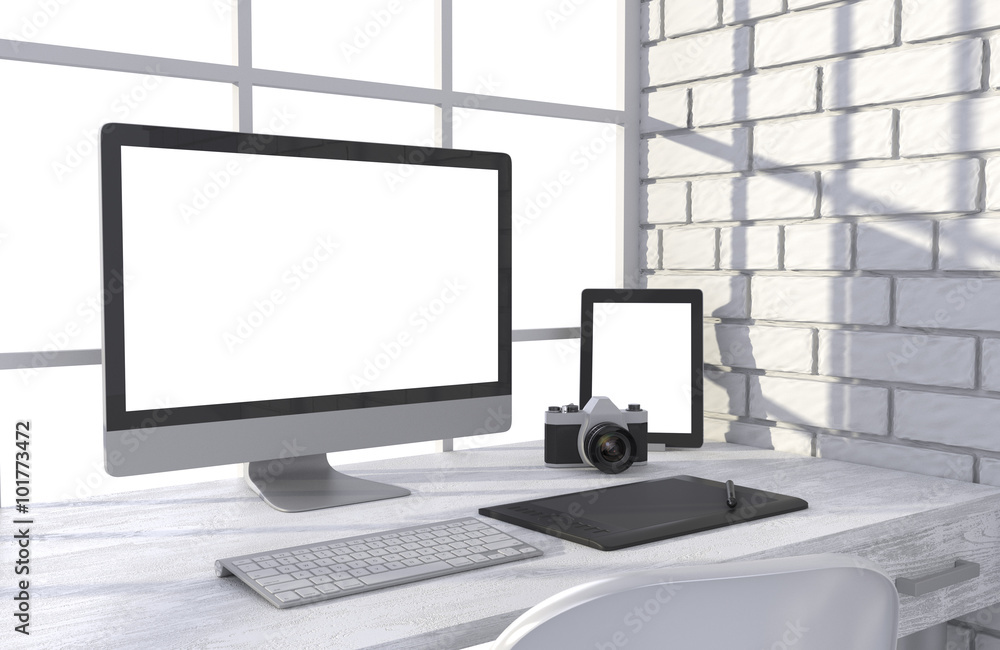 3D illustration PC screen on table in office, Workspace 3D illustration PC screen on table in office, Workspace