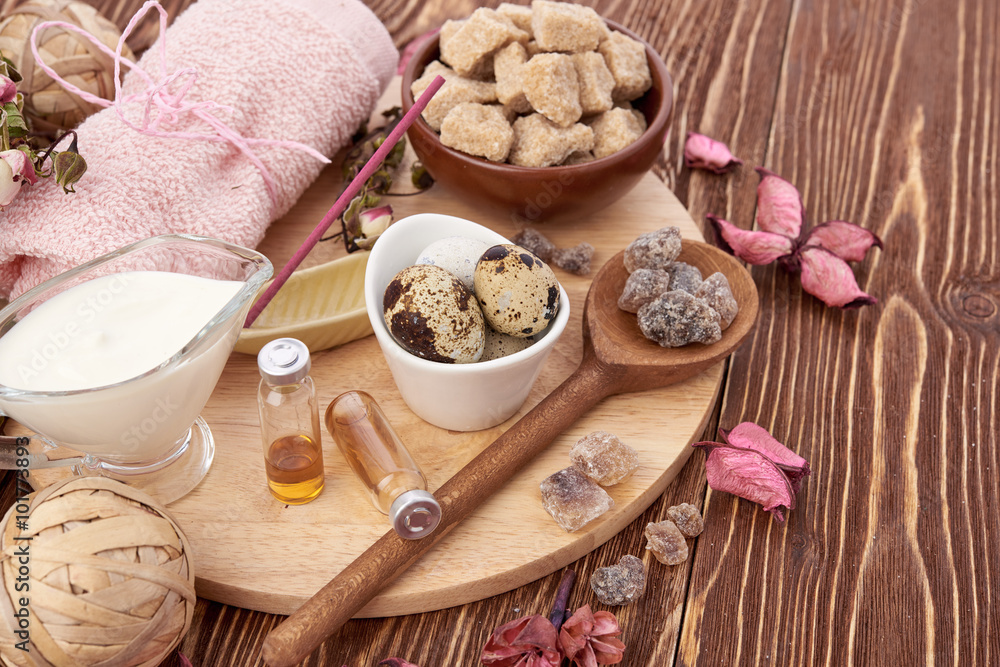 Composition of spa treatment on wooden background Composition of spa treatment on wooden background