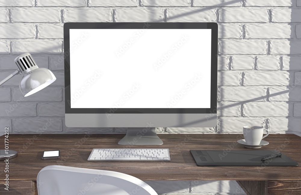 Fototapeta premium 3D illustration PC screen on table in office, Workspace