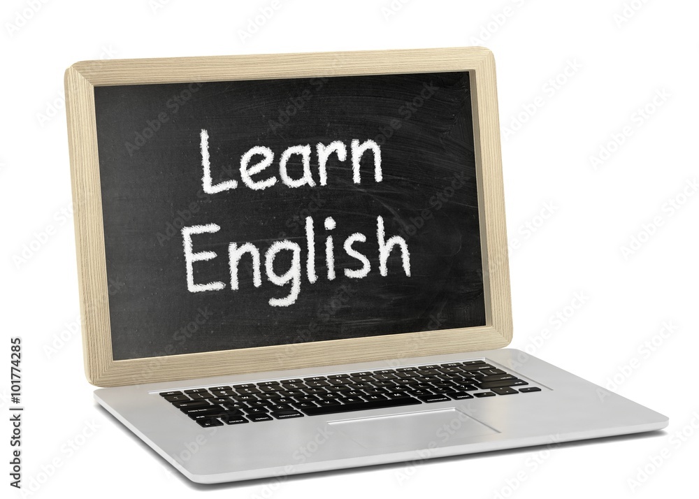 Laptop with chalkboard, learn english, online education concept Laptop with chalkboard, learn english, online education concept