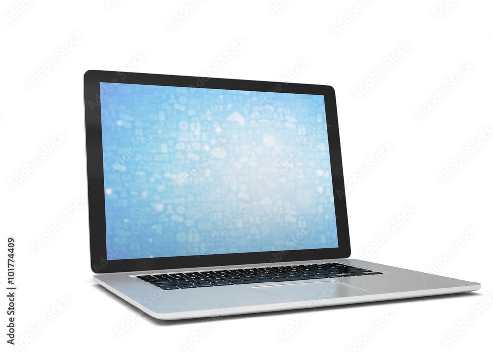 3d rendering of a laptop with blue wallpaper with app icon 3d rendering of a laptop with blue wallpaper with app icon