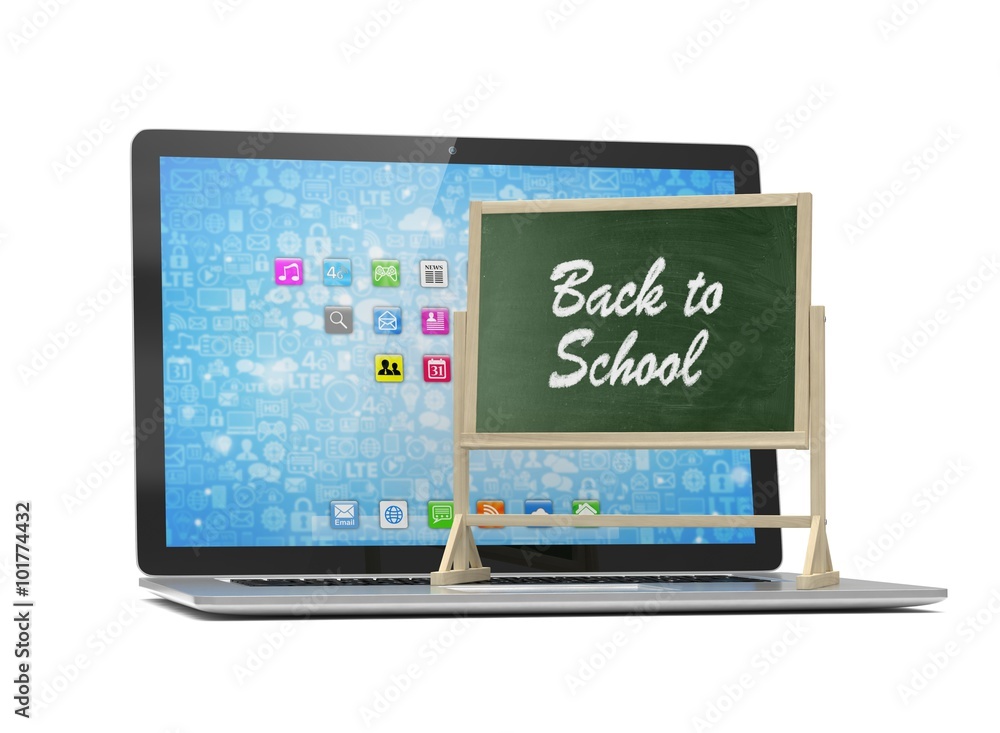 Laptop with chalkboard, back to school, online education concept Laptop with chalkboard, back to school, online education concept