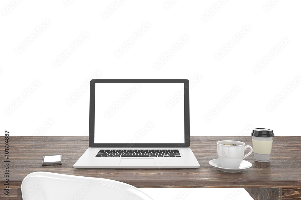 3D illustration laptop and work stuff on table near brick wall, Workspace 3D illustration laptop and work stuff on table near brick wall, Workspace