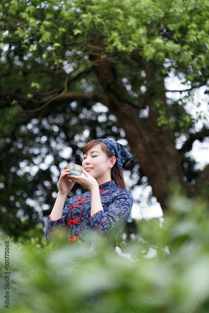 asian pretty tea-picking girl in plantation asian pretty tea-picking girl in plantation