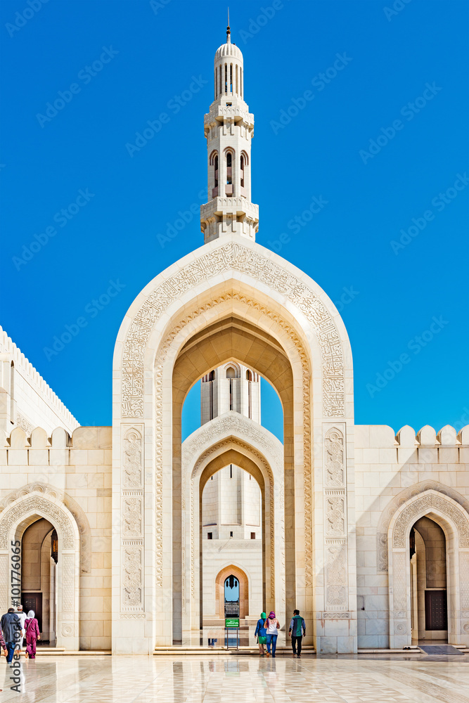 Sultan Qaboos Grand Mosque in Muscat, Oman. Its construction finished in 2001.