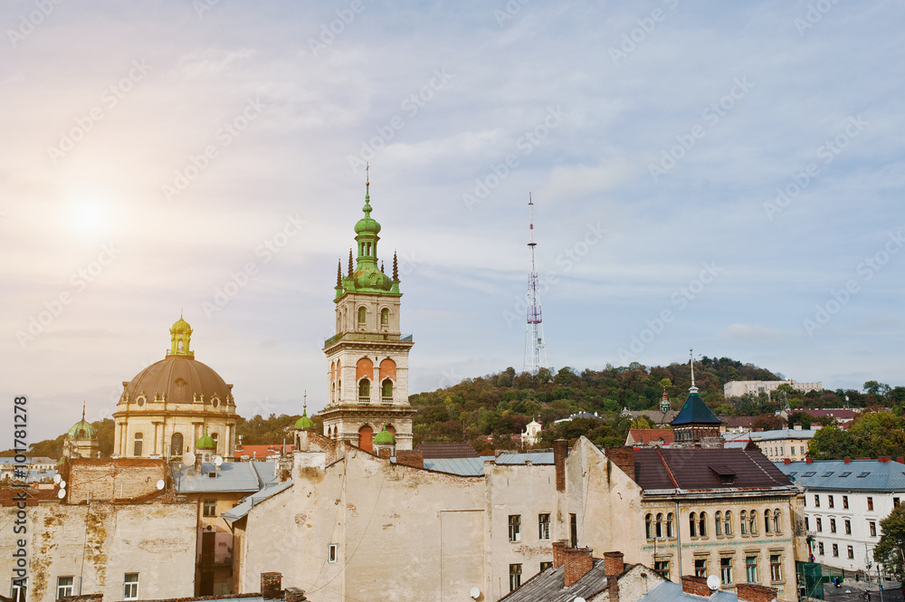 Panorama of old city Lviv, high castle. Ukraine.