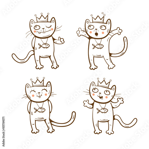 Cartoon kings cats set. Vector image.