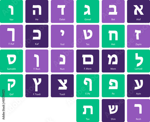 Hebrew alphabet - jewish letters on round corners square buttons