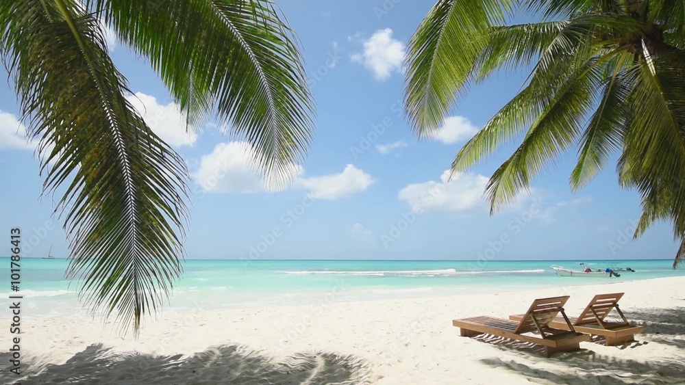 Beach Maldives. Summer. The best beaches in the world. Top view of the beach /Hotel on the shore of the blue sea. Dominican Republic, Punta Cana. White sand, beautiful beach, tall palm trees. Vacation