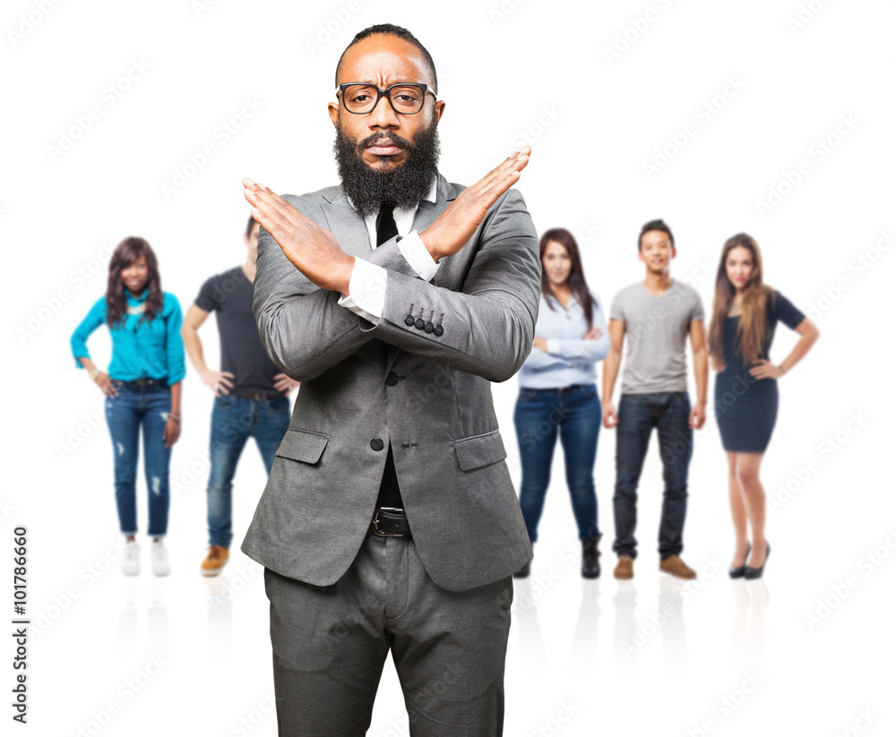 business black man doing a cross with arms