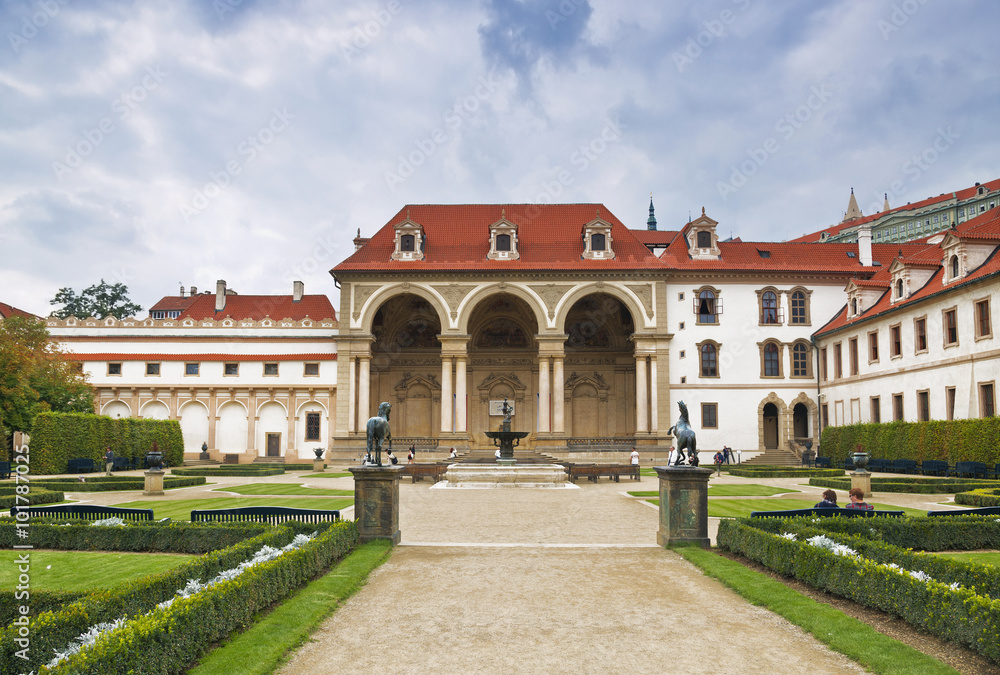 The facade of the palace and portion of the Wallenstein Garden. Prague, Czech Republic