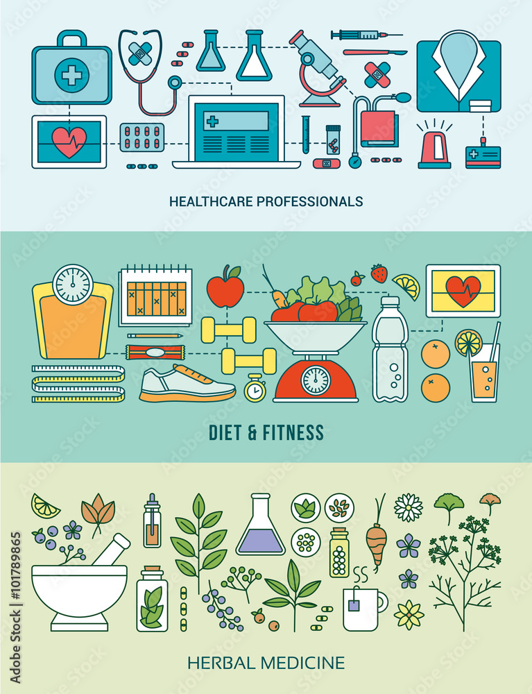 Healthcare, fitness and herbal medicine banner set