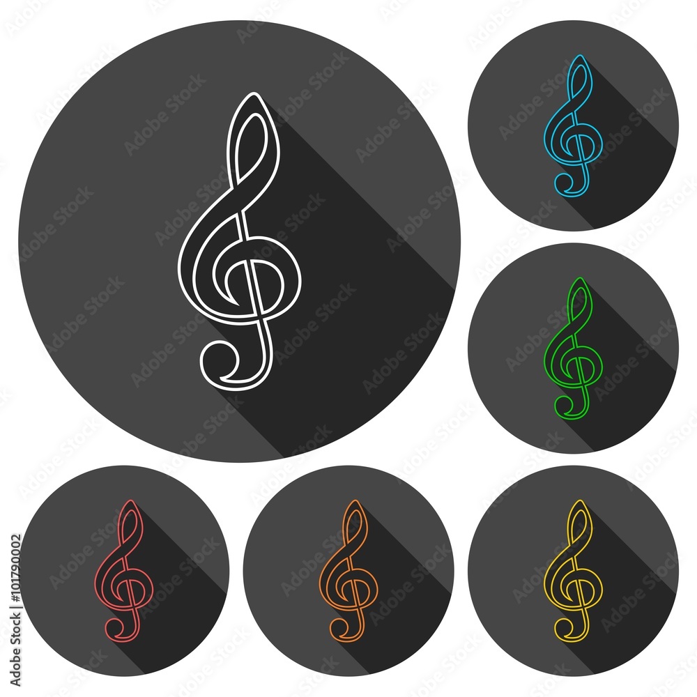 Treble Clef icons set with long shadow Treble Clef icons set with long shadow