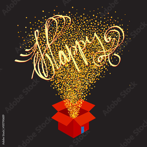 sparkling golden confetti blowing out of the red box