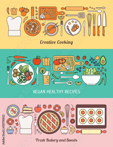 Food, cooking and healthy eating banner set