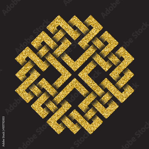 Golden glittering logo template in Celtic knots style on black background. Symbol in square maze form. Gold ornament for jewelry design.