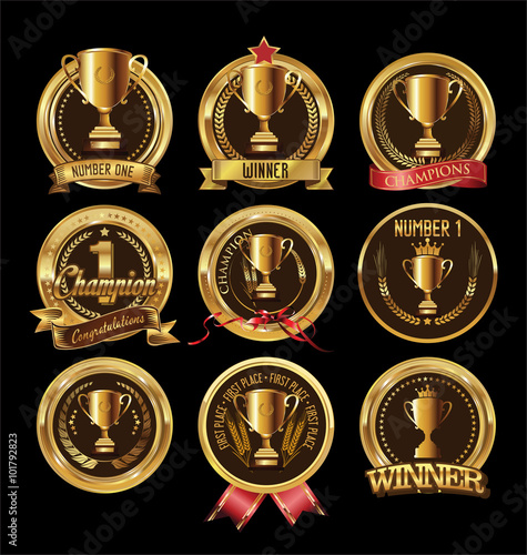 Gold trophy and medal with laurel wreath vector illustration