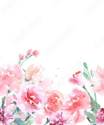 Floral Seamless Watercolor Border with Roses, in Vintage Style, Watercolor Vector Illustration.