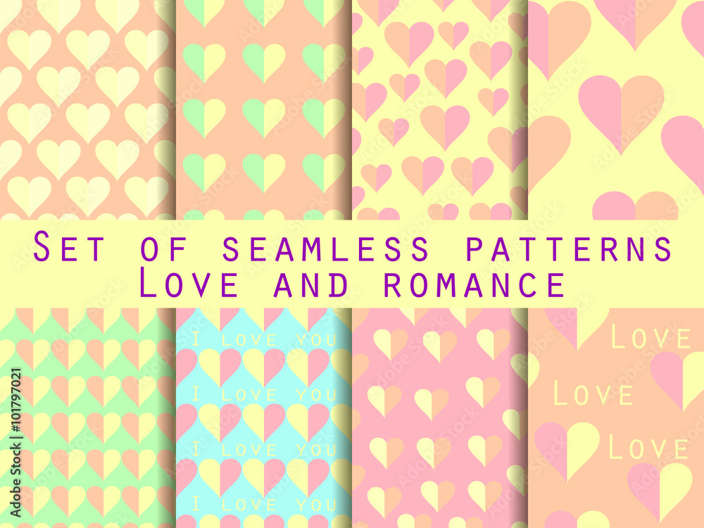 Set of seamless patterns with hearts. The inscription letters. Festive pattern for wrapping paper, wallpaper, tiles, fabrics, backgrounds. Vector illustration