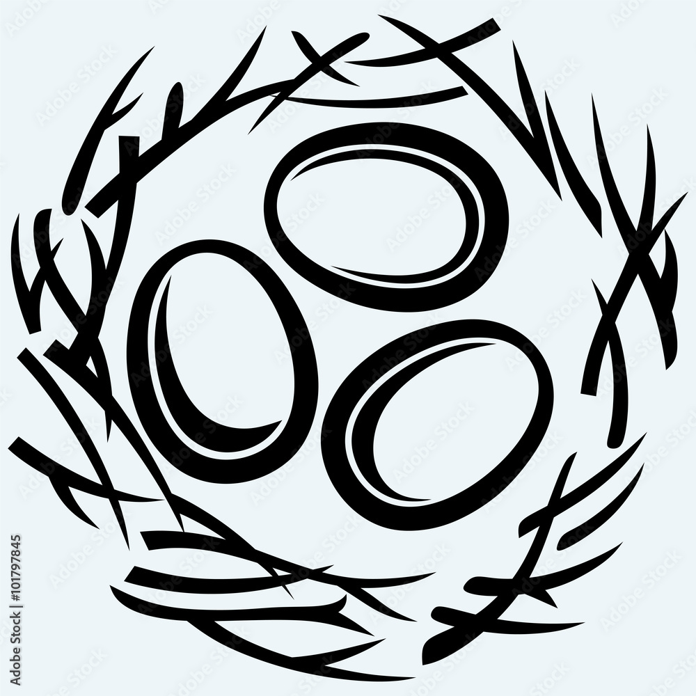 Fotografie Eggs and nest. Isolated on blue background. Vector silhouettes