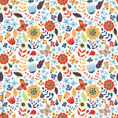 Floral seamless pattern with doodle flowers, butterfly and leaves. Vector blooming floral texture for card, wrapping paper, invitation, card, wedding, surface pattern. Gentle vector background.