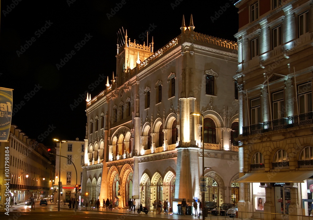 Rossio train station at night  in Lisbon, Portugal 