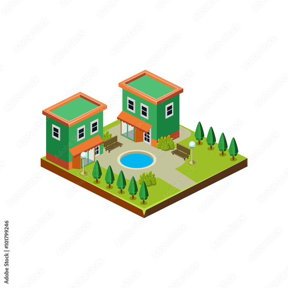 Isometric icon representing modern house with backyard Isometric icon representing modern house with backyard