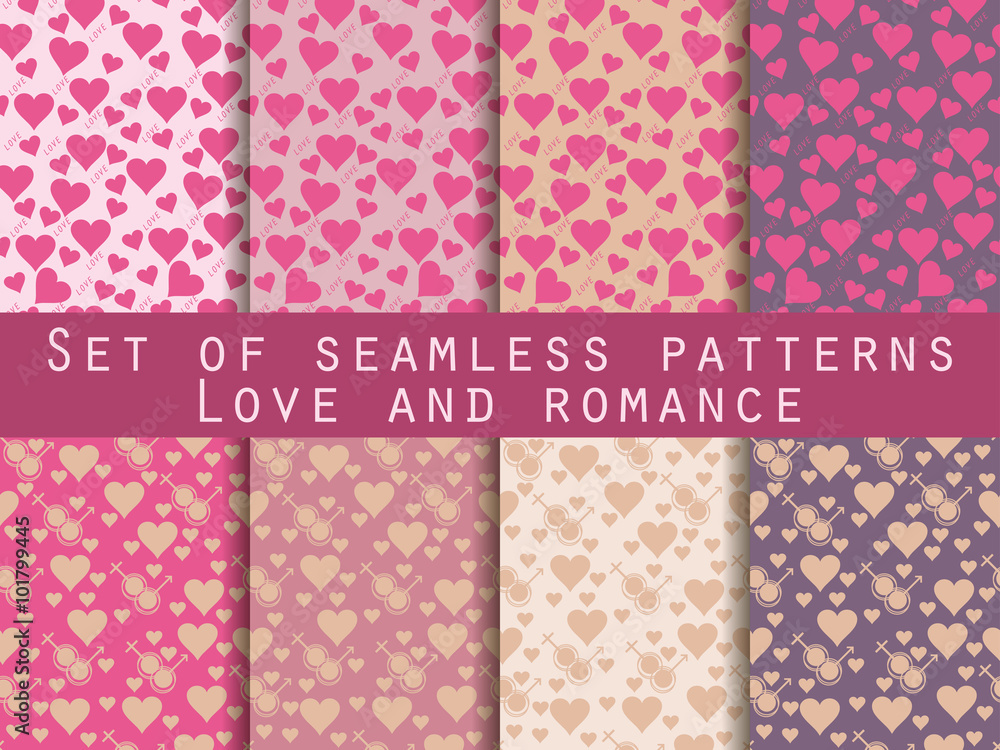 I love you. Set of seamless patterns with hearts. Festive pattern for wrapping paper, wallpaper, tiles, fabrics, backgrounds. Vector illustration.