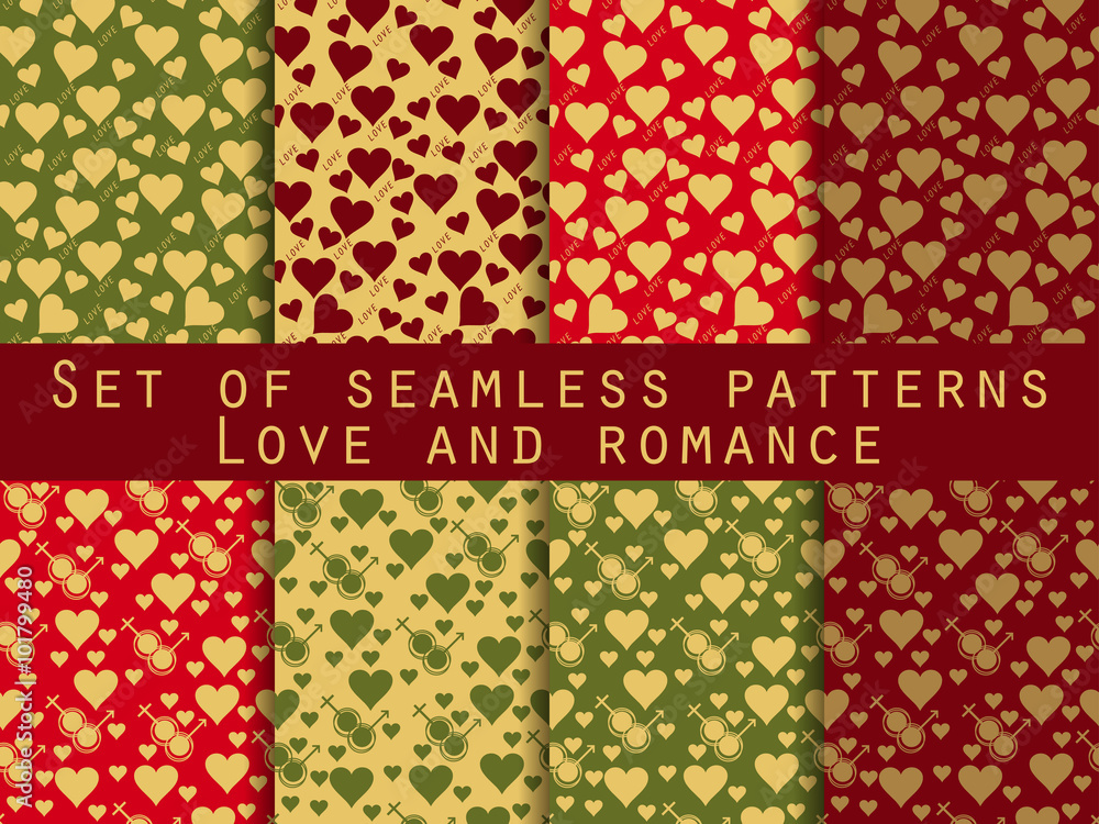 I love you. Set of seamless patterns with hearts. Festive pattern for wrapping paper, wallpaper, tiles, fabrics, backgrounds. Vector illustration. I love you. Set of seamless patterns with hearts. Festive pattern for wrapping paper, wallpaper, tiles, fabrics, backgrounds. Vector illustration.