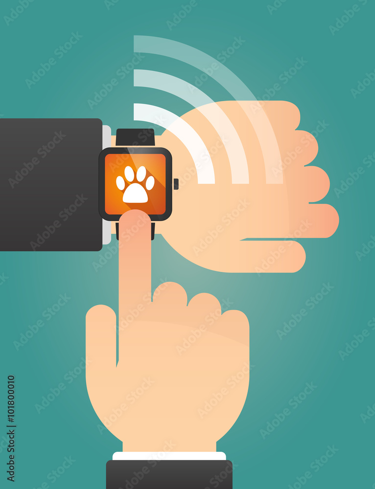 Hand pointing a smart watch with an animal footprint Hand pointing a smart watch with an animal footprint