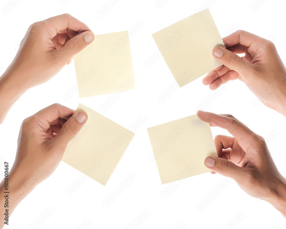 collection of hand holding paper isolated on white background