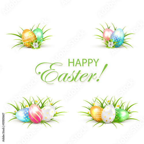 Set of Easter eggs with grass and flower