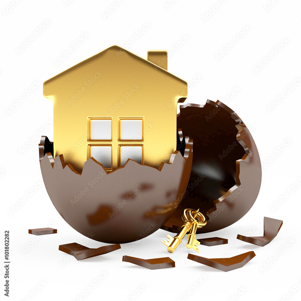 Fotografie Cocolate broken Easter egg with golden house inside isolated on white