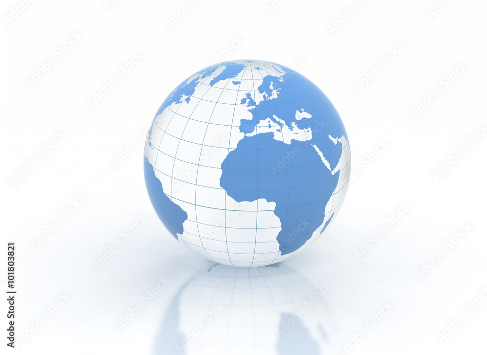 Glass blue world globe on white background