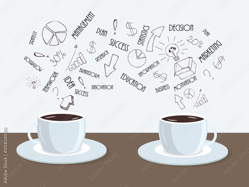 Two cups of coffee or tea on the table with cloud of business words above. Flat cute minimal vector illustration. Creative and motivational concept
Two cups of coffee or tea on the table with cloud of business words above. Flat cute minimal vector illustration. Creative and motivational concept
