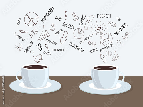 Two cups of coffee or tea on the table with cloud of business words above. Flat cute minimal vector illustration. Creative and motivational concept
