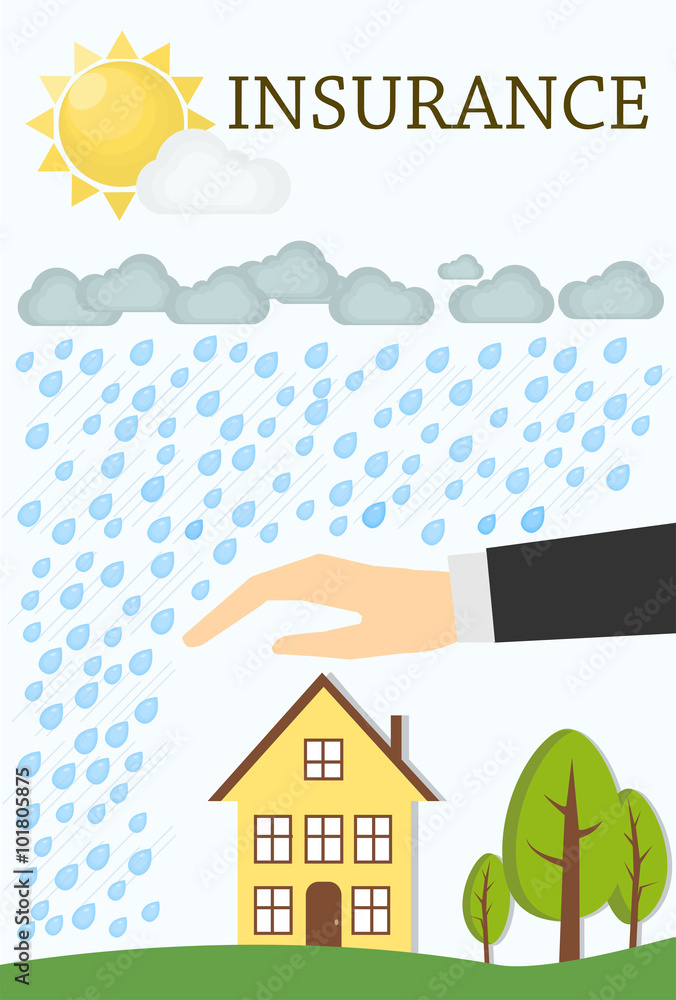 Insurance concept. Minimal flat vector illustration. House with trees, storm, rain and the Sun.

