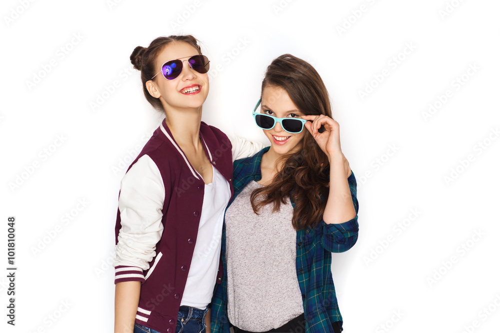 happy smiling pretty teenage girls in sunglasses happy smiling pretty teenage girls in sunglasses