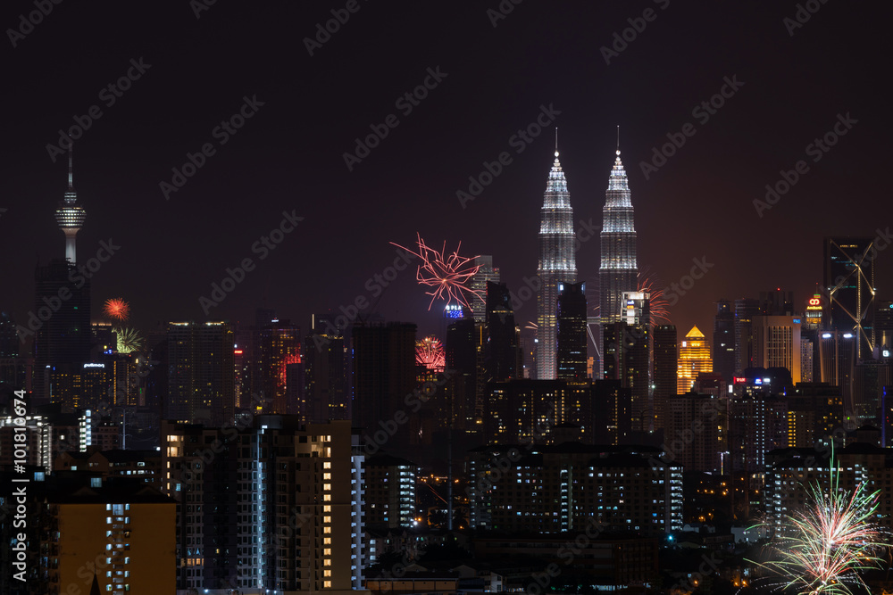 KUALA LUMPUR, MALAYSIA - 1ST JANUARY 2016; New year's eve 2016 celebration over downtown Kuala Lumpur, Malaysia.