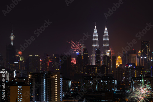 KUALA LUMPUR, MALAYSIA - 1ST JANUARY 2016; New year's eve 2016 celebration over downtown Kuala Lumpur, Malaysia.