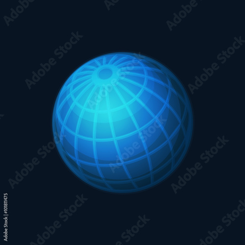 Blue Globe Network Icon on Dark Background. Vector