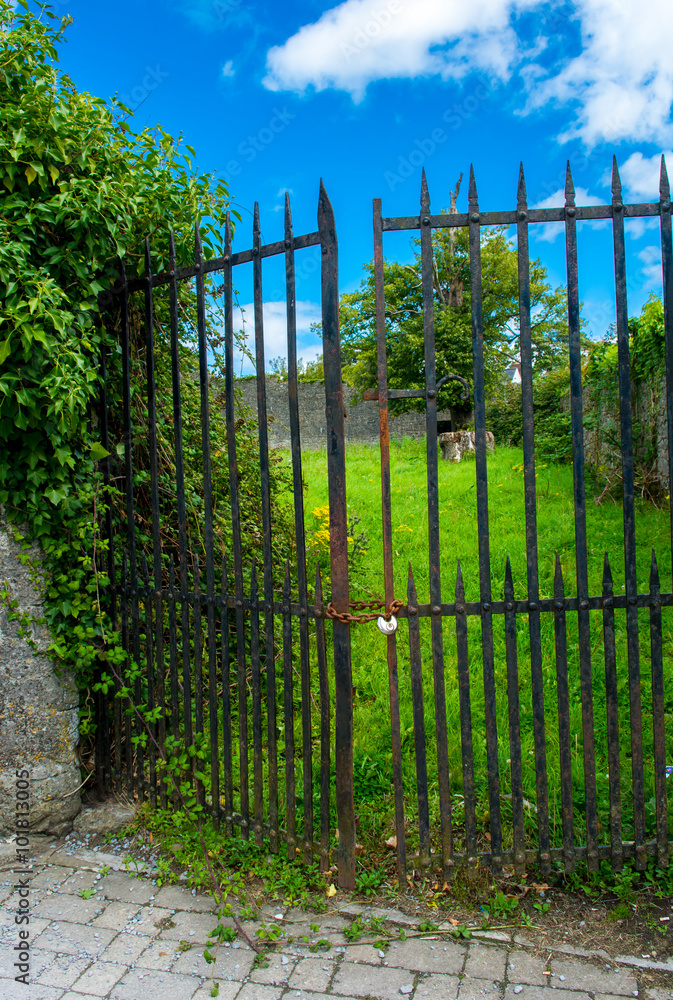 Grüner Garten geschützt durch versperrtes Eisentor mit rostiger Kette und Vorhängeschloss