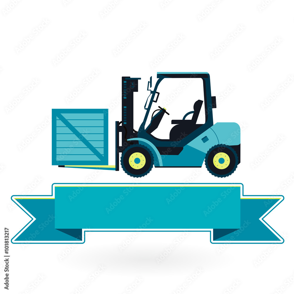 Blue fork lift loader on white. Loading in storage. Professional illustration for banner, poster or icon. Flatten master vector symbol Truck Digger Crane Small Bagger Mix Roller Excavator