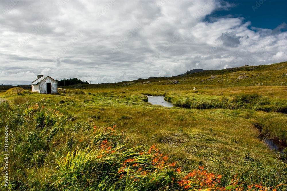 Einsame Hütte neben Fluss in Irland