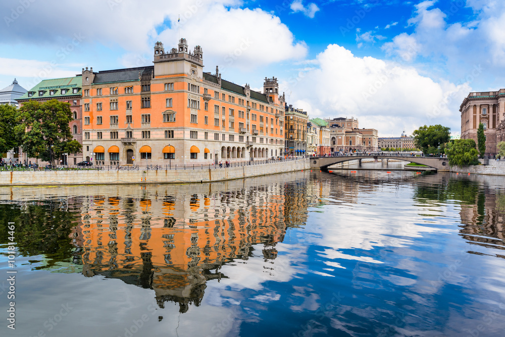 Stockholm, Sweden river cityscape.