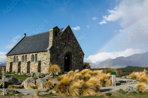 Church of the Good Shepherd with rainbow, Lake Tekapo, New Zealand