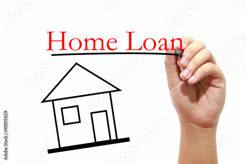 Home Loan - House with text and male hand with pen